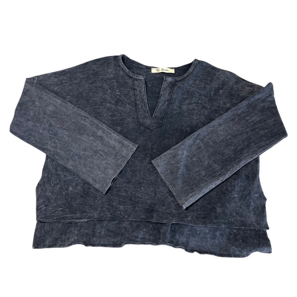 Women's Distressed Oversized Crop Top Small Waffle Knit Casual Pullover Cut Out - Picture 1 of 9
